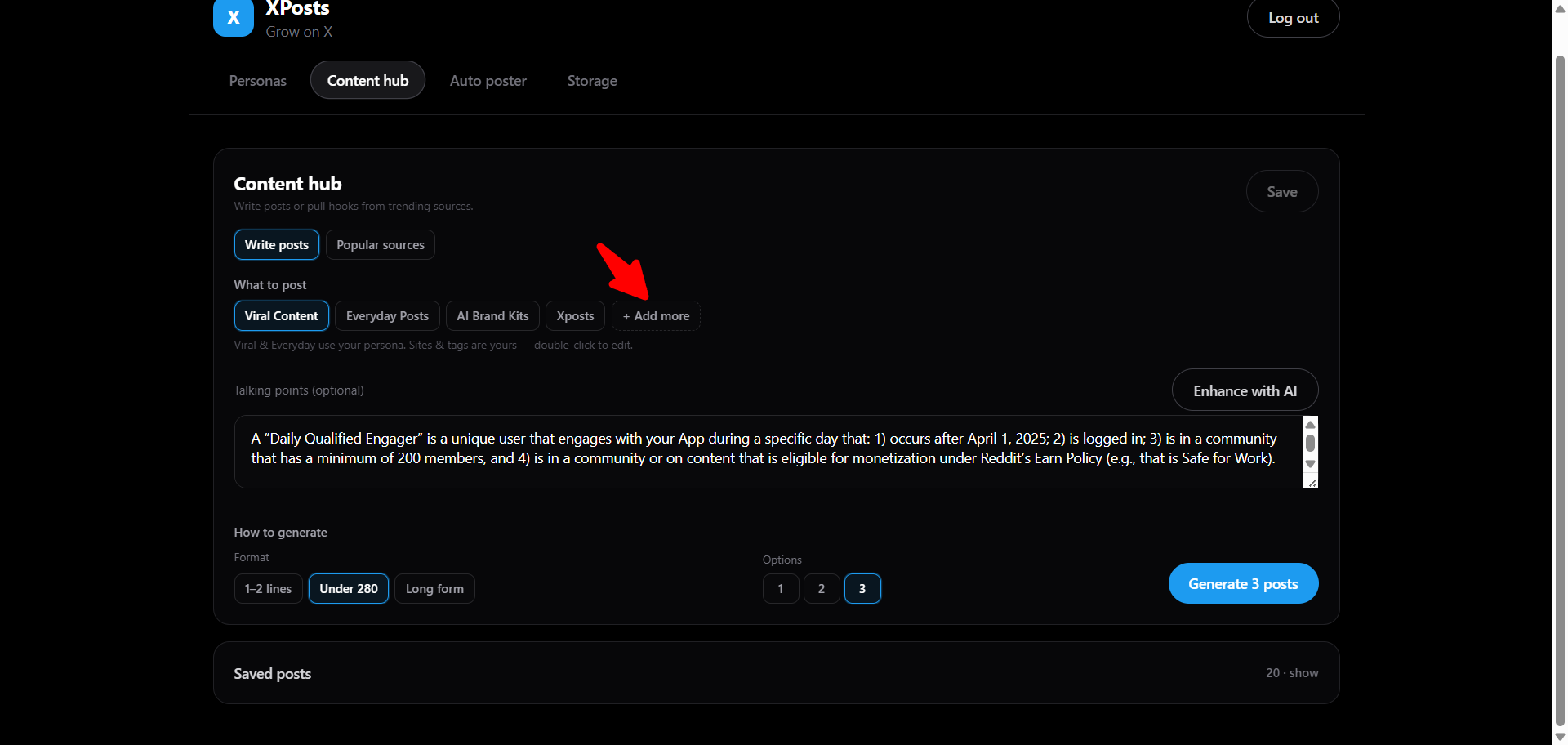 Add more websites, personas, and content sources in the xposts.co dashboard