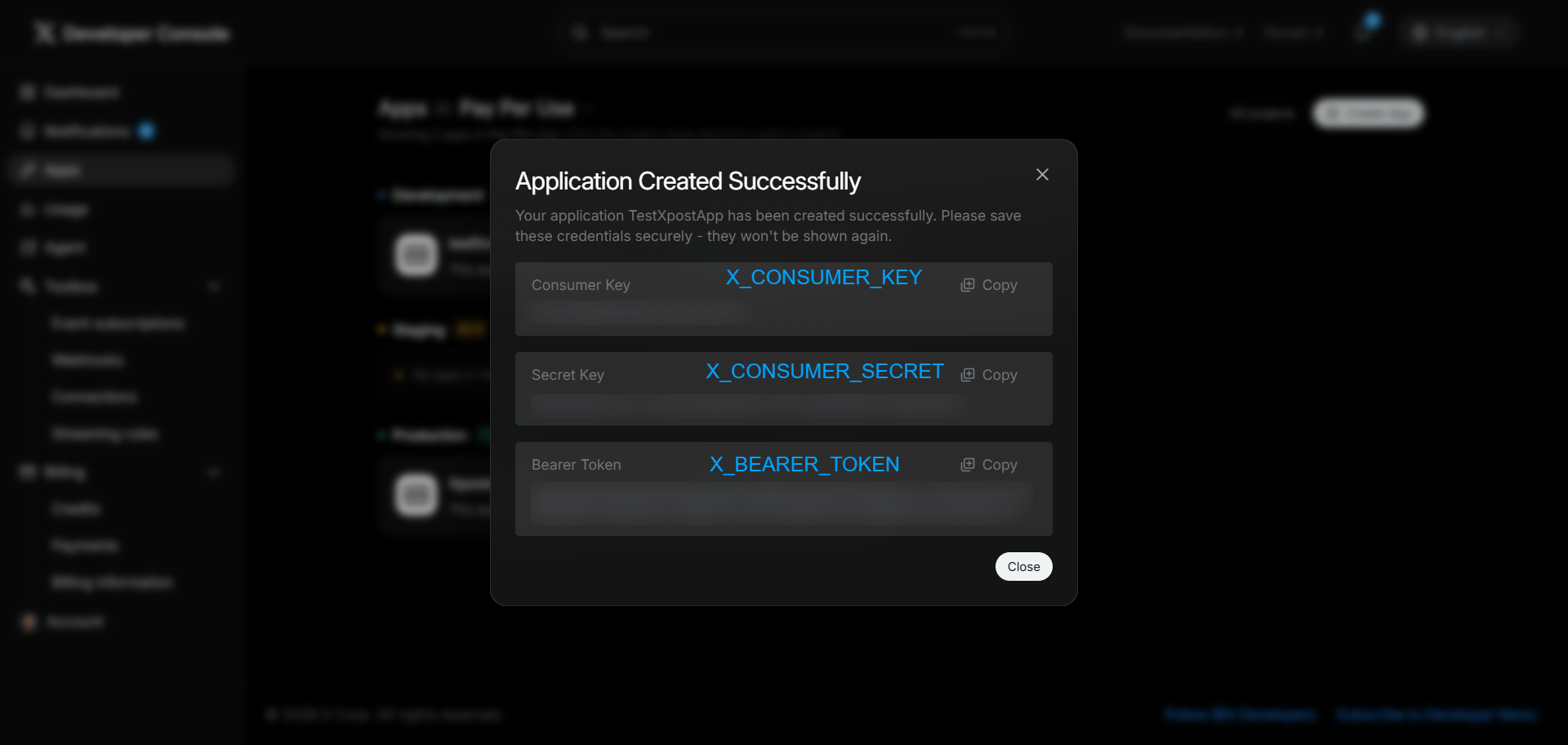 X Developer Portal — app created successfully