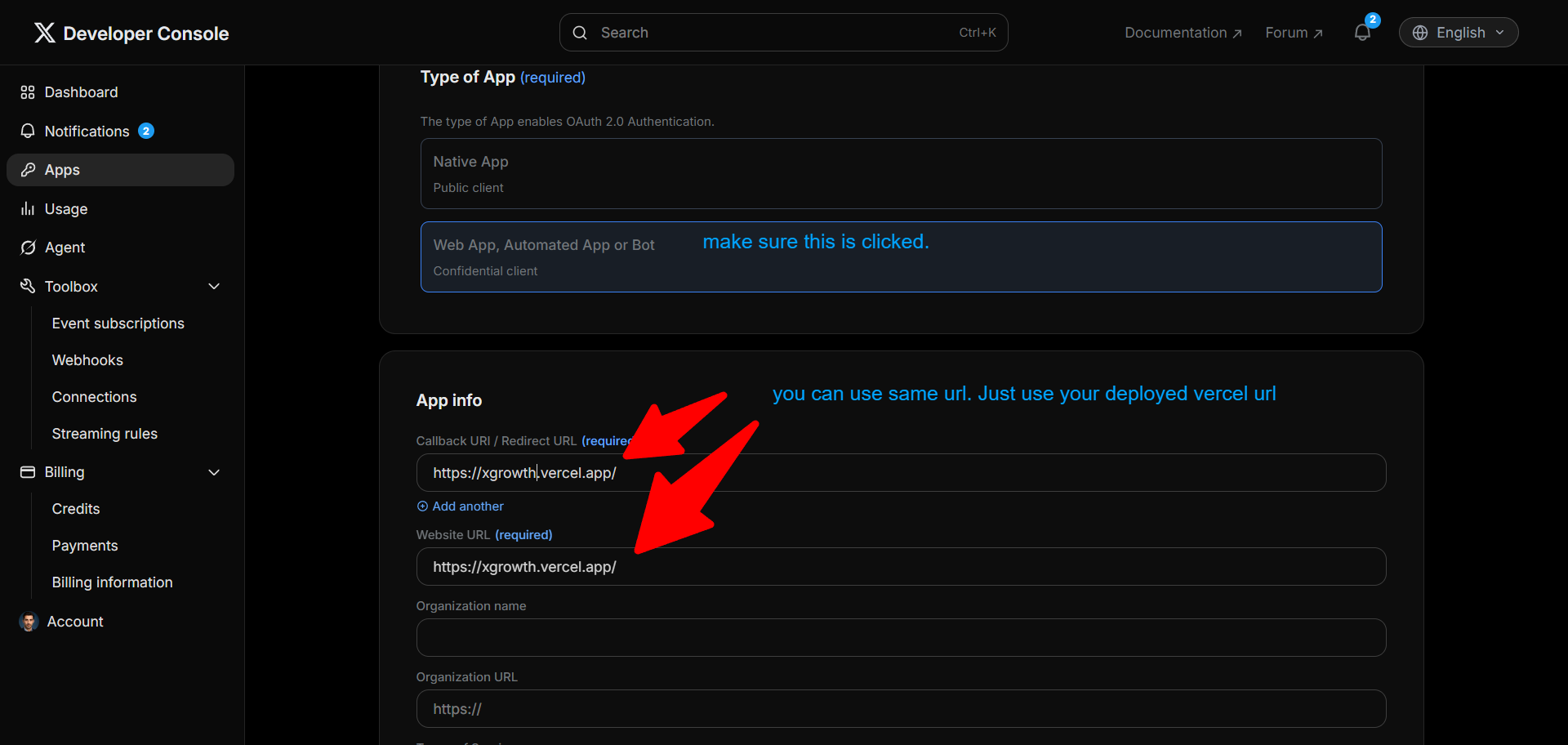 X app info overview page