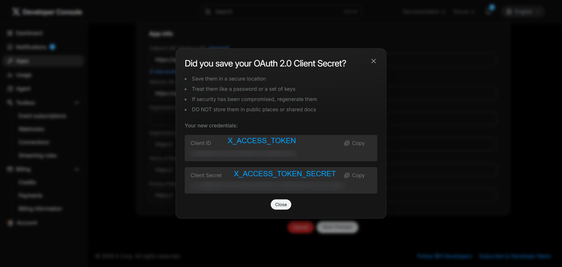 X app Keys and tokens — Bearer Token and OAuth keys