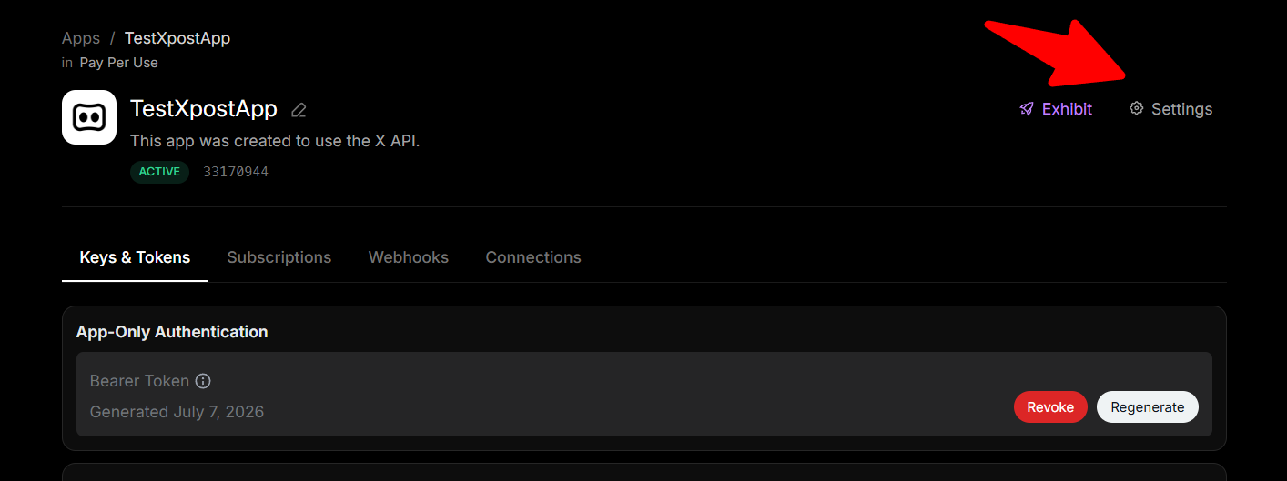 Click Settings tab in X Developer Portal