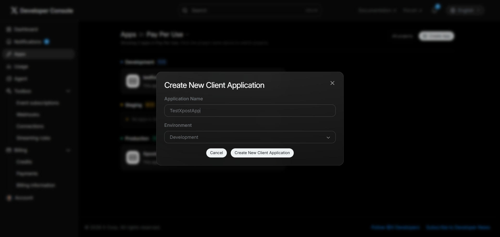 X Developer Portal — create a new client app