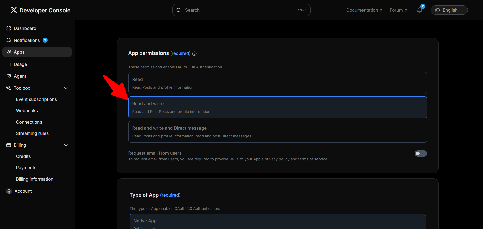 Set app permissions to Read and write